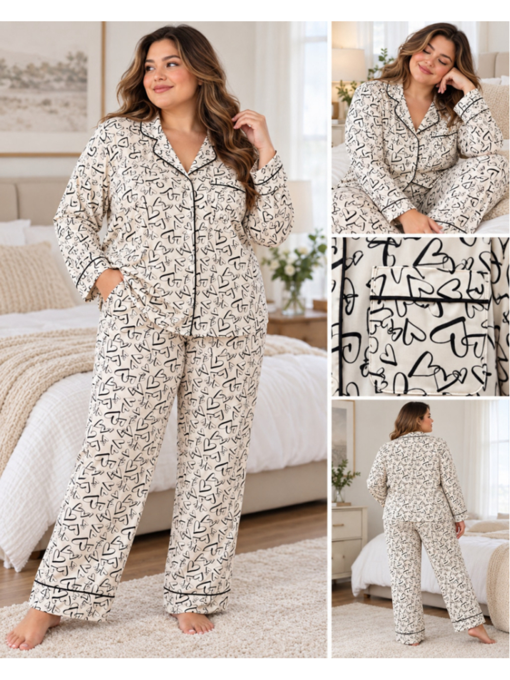 Victoria’s Secret 2-Piece White Black Heart Print Pajama Set NWT XXL